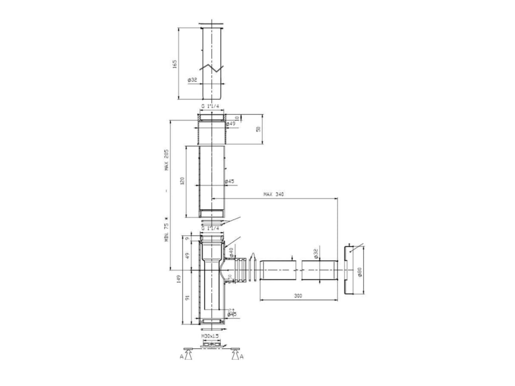 Medidas del sifón de botella 1 1/4" para lavabo con tubo de 300mm TOTEM - ROCA