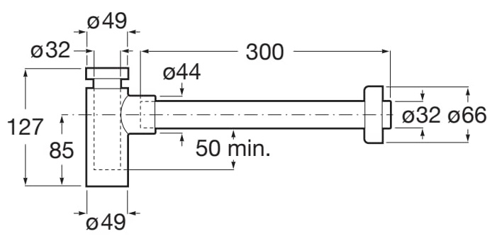 Medidas del sifón mural cilíndrico 1 ¼ Basic AQUA - ROCA