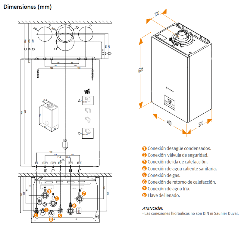 Medidas de la caldera mural de condensación a gas MicraCom Condens de SAUNIER DUVAL