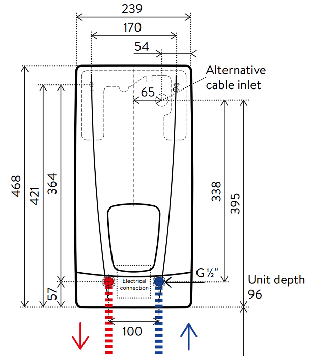 Medidas del calentador eléctrico instantáneo de agua CLAGE DBX NEXT - TECNA