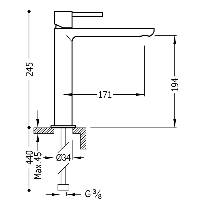 Medidas del grifo monomando alto para lavabo MAX - TRES