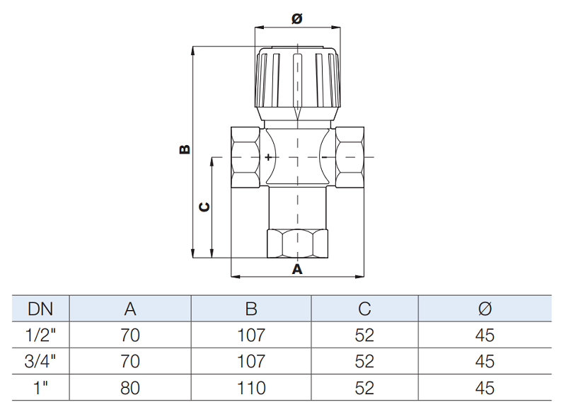 Medidas de la válvula mezcladora termostática AQUAMIX 61C 32-50ºC - WATTS